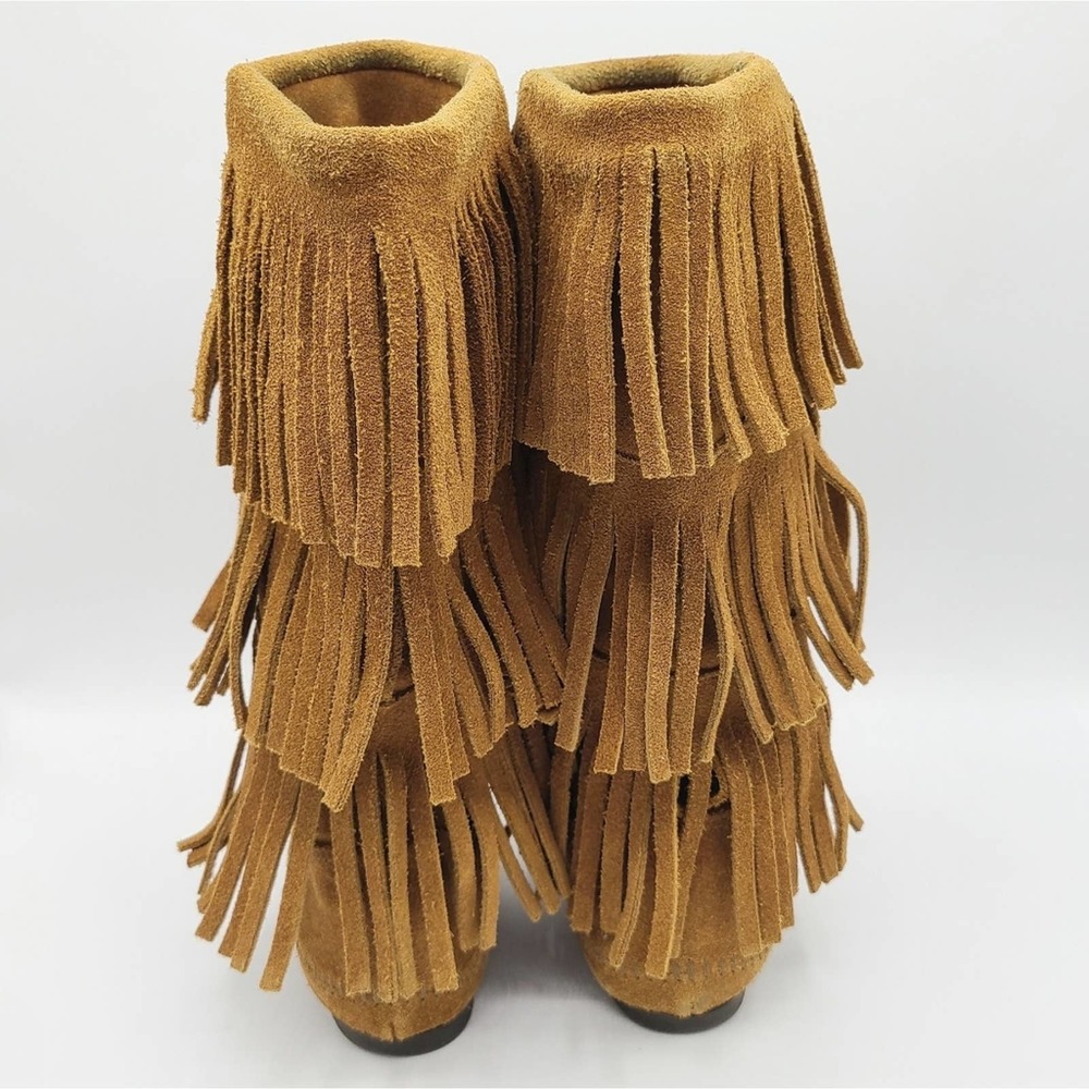 Minnetonka 3 Layer Fringe Boot Brown Suede - image 6